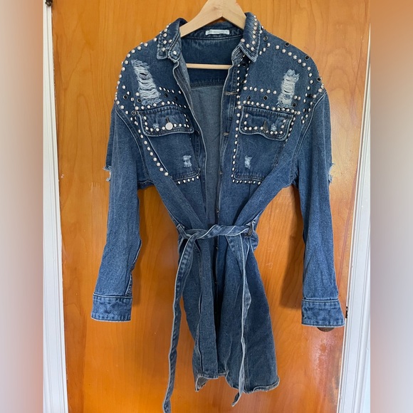 Studded Distressed Denim Jacket - Picture 1 of 6